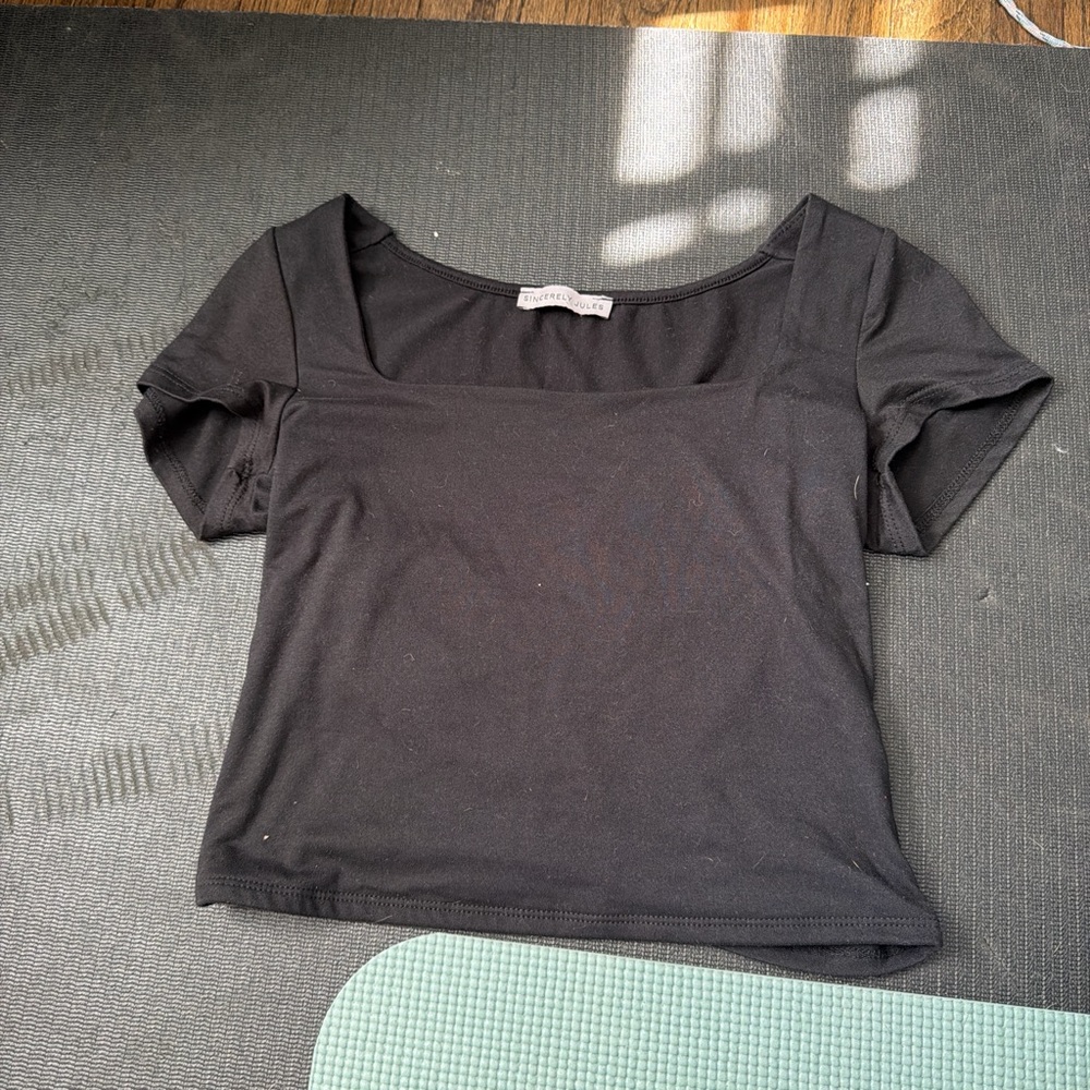 Black Square Neck Short Sleeve Top - Womens